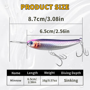 Leurre méné à lèvres en métal de 65mm 16g pour la pêche au bar en eau douce appât dur artificiel avec crochets - Product Image 3