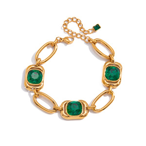 Pulsera de cristal geométrica en tono dorado con engaste de diamantes de imitación verdes, joyería de uso diario para mujer - Product Image 5