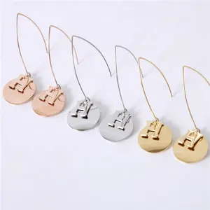 Yiwu Aceon Stainless Steel Thin Wire Hook Dangle Blank Stamping Disc Custom Initial Letter Charm Earring