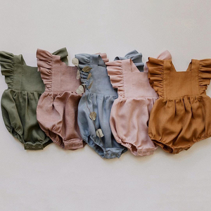 Barboteuse pour bébé fille en lin et coton à manches à volants, vêtements d'été pour nouveau-né et tout-petit - Product Image 3