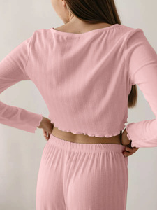 Pigiama Due Pezzi da <span class=keywords><strong>Donna</strong></span> Autunno Inverno, Completo in Maglia a Maniche Lunghe con Pantaloni, Stile Comodo e Casual - Product Image 6