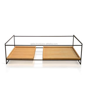 Contemporary teak wood coffee <b>table</b>, featuring a sleek black metal frame and dual shelves for stylish storage and timeless - Product Image 2