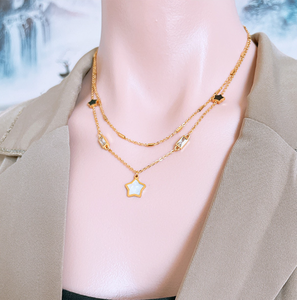Collier Double couche à cinq branches en acier inoxydable pour femmes et filles, pendentif en coquillage noir et blanc avec diamant carré - Product Image 6