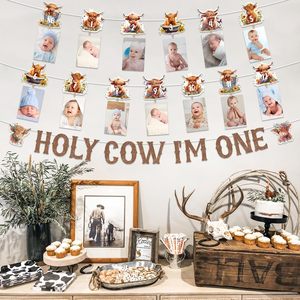 Striscione per il primo compleanno 'Holy Cow Im One Highland Cow' e striscione fotografico mensile per decorazioni per baby shower e compleanni - Product Image 6