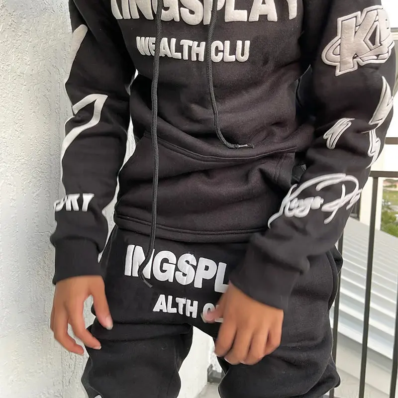 Setelan pakaian olahraga motif Puff OEM & ODM logo kustom celana olahraga Hip Hop jalanan hitam dan Hoodie Set 3d jalur Puff untuk pria