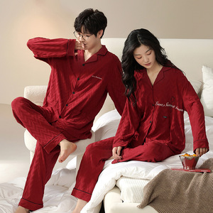 Pijama de algodón Jacquard con marco rojo para parejas, pijama de algodón de manga larga para hombres y mujeres, Conjunto de pijama para mujer - Product Image 2
