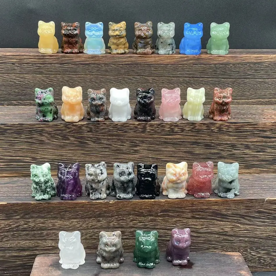 Engraved 3.5cm Handcaved Crystal Cat Ornament Mini Cute Animal Mascot Statue Spiritual Healing Gemstones