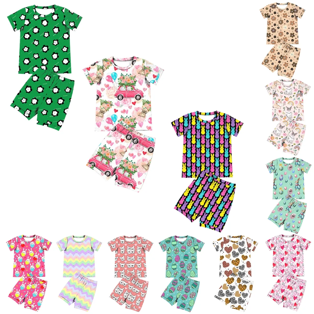 2024 New Design Baby Clothing Set with Pullover T-shirt And Shorts Toddle Baby Floral Outfits with Cartoon Printing