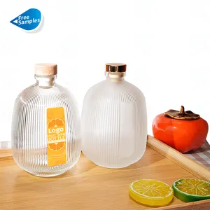 Round Cute beverage alcoholic drink 500ml vertical stripes glass bottle Frosted Empty Flat 500Ml glass beverage bottle with cork