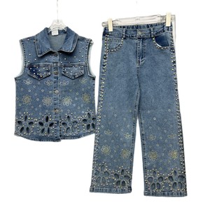 Conjunto de <span class=keywords><strong>Vaquero</strong></span> para Adolescentes, <span class=keywords><strong>Chaleco</strong></span> Calado con Cuentas + Pantalones Anchos, Conjunto de Dos Piezas a la Moda para Niñas - Product Image 5