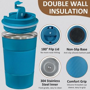 FAYREN Tasse isotherme en acier inoxydable 380 ml, gobelet de voyage pour café avec manchon en silicone, tasse thermique multicolore - Product Image 3