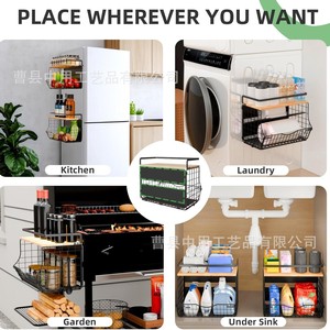<b>Wall</b> Mounted Kitchen <b>Storage</b> <b>Rack</b> With Wooden Top Black <b>Wire</b> Mesh Organizer For Fruit And Tea Bag <b>Storage</b> - Product Image 4