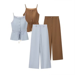 SHENZHU 女式两件套，无袖纽扣吊带背心+高腰阔腿裤，休闲办公套装 - Product Image 1