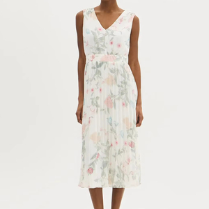 Women's Elegant Pink Green Floral Print V-Neck Sleeveless Pleated Chiffon Midi Dress Romantic Summer Wedding Vacation - Product Image 2