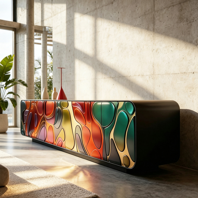 Curved Multicolor Embossed Media Console Long Low Storage Cabinet for Loft Commercial Showroom Space