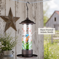 Mangeoire à oiseaux antique en tube transparent peint, motif floral coloré, avec dôme métallique, plateau de base et chaîne de suspension, résistante à la rouille et à l'eau