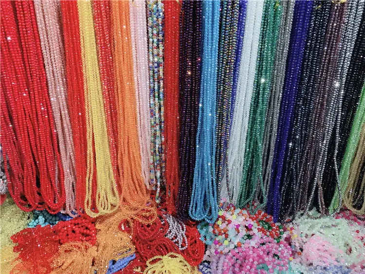 48" Colorful 4mm Crystal Glass Faceted Beads Necklace Handmade Long Multi-Layers Necklaces for Lady Elastic Beaded Necklace