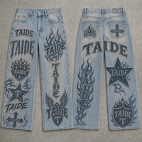 TaiDe op maat gemaakte acid wash baggy wijde pijpen jeans met all-over applicatie grafische print rauwe rand OEM ODM private label kledingfabriek