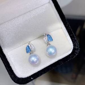 factory wholesale New Blue Enamel Leaf Zircon Pearl <b>Drops</b> 11-11.5mm Near Round Bright Luster Freshwater Pearl <b>Silver</b> <b>Earrings</b> - Product Image 3
