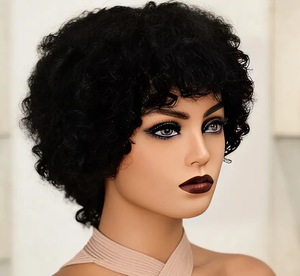 Crépus Bouclés Fringe pour Pixie Cut Perruque pour Femmes Pas Cher <span class=keywords><strong>Court</strong></span> Perruque de <span class=keywords><strong>Cheveux</strong></span> Humains avec <span class=keywords><strong>Frange</strong></span> Noir HD Lace Couleur - Product Image 2