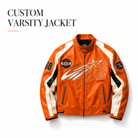 Blouson de moto personnalisé pour homme, orange, avec patch, col à boutons-pression, fermeture éclair, broderie, en cuir, fabrication OEM, marque privée