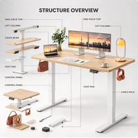 Bureau électrique assis-debout avec plateau monobloc, contrôle de la mémoire et crochets de réglage de la hauteur, idéal pour le télétravail