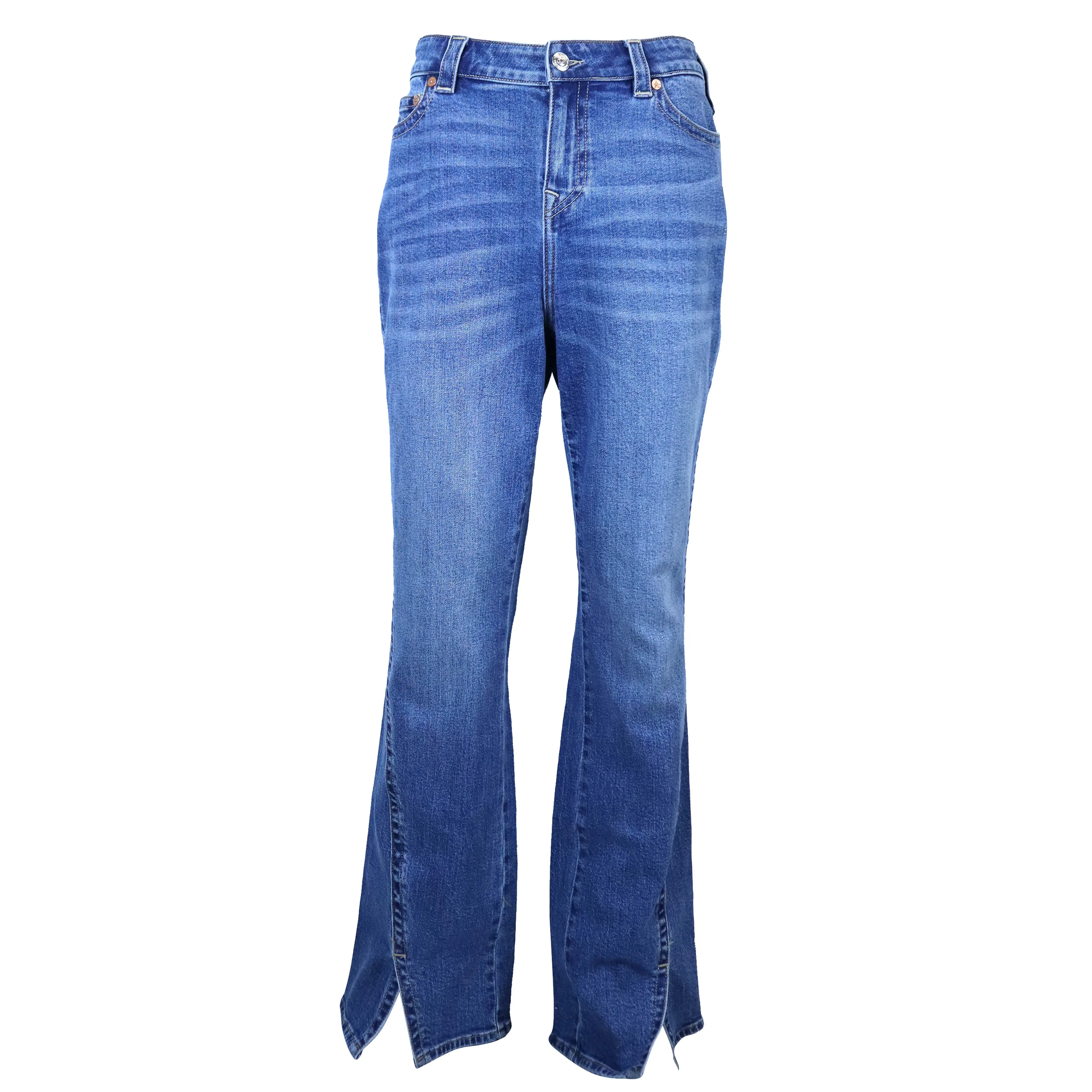 Denim kustom Hip Hop Streetwear desainer longgar bermerek antik dua lapisan Jacquard digunakan Flare Bootcut Jeans pria