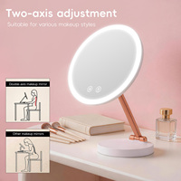 Miroir de maquillage rond à LED à 3 couleurs, à intensité variable, avec bras double axe en or rose, rechargeable par type C
