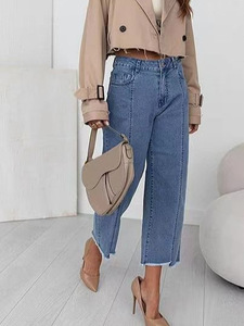 2025 nuevos pantalones vaqueros personalizados para mujer, pantalones vaqueros de cintura alta de pierna ancha y pierna recta de siete cuartos - Product Image 5