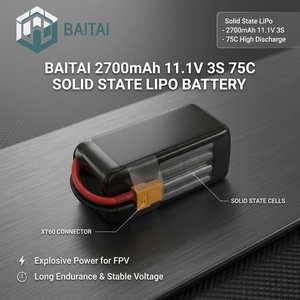Batterie LiPo à semi-conducteurs 2700mAh 11.1V 3S 75C à décharge élevée, puissance explosive, longue autonomie, tension stable pour drone de course FPV - Product Image 1