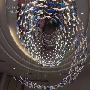 Oceano Tema Peixe Mão De Vidro Soprado Lustre De Teto Montado Lâmpada Casa Villa Escadas Decoração Lustre