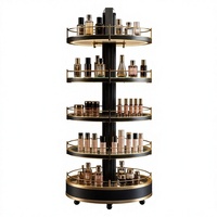 Présentoir Rotatif Noir et Or pour Cosmétiques, Étagère Circulaire en Verre avec Éclairage LED sur le Bord, Carrousel pour Boutique de Beauté