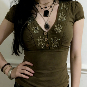 เสื้อยืดผู้หญิงคอวีพิมพ์ลายระบายแขนสั้นทรงเข้ารูปเสื้อถักลำลองแฟชั่นฤดูร้อน - Product Image 4