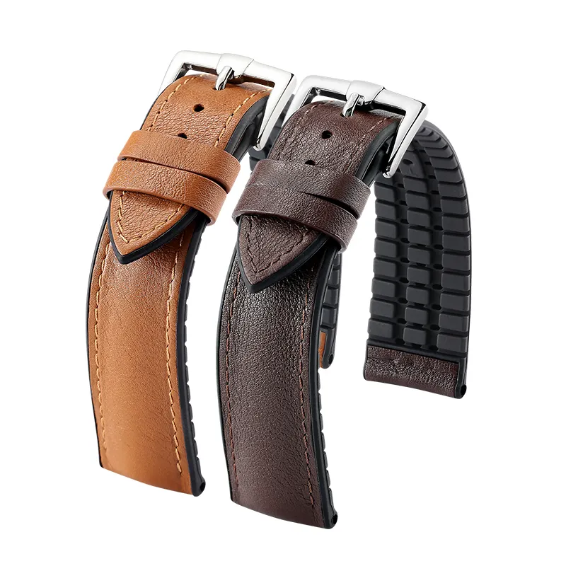 Fashion stainless Steel tang buckle flat texture genuine leather silicon sport style watch strap
