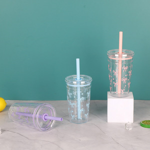 Vaso de una sola capa con pajita de 450 ml, diseño de lazo, pajitas multicolor tipo caramelo para agua, leche, té, café, uso unisex. - Product Image 2