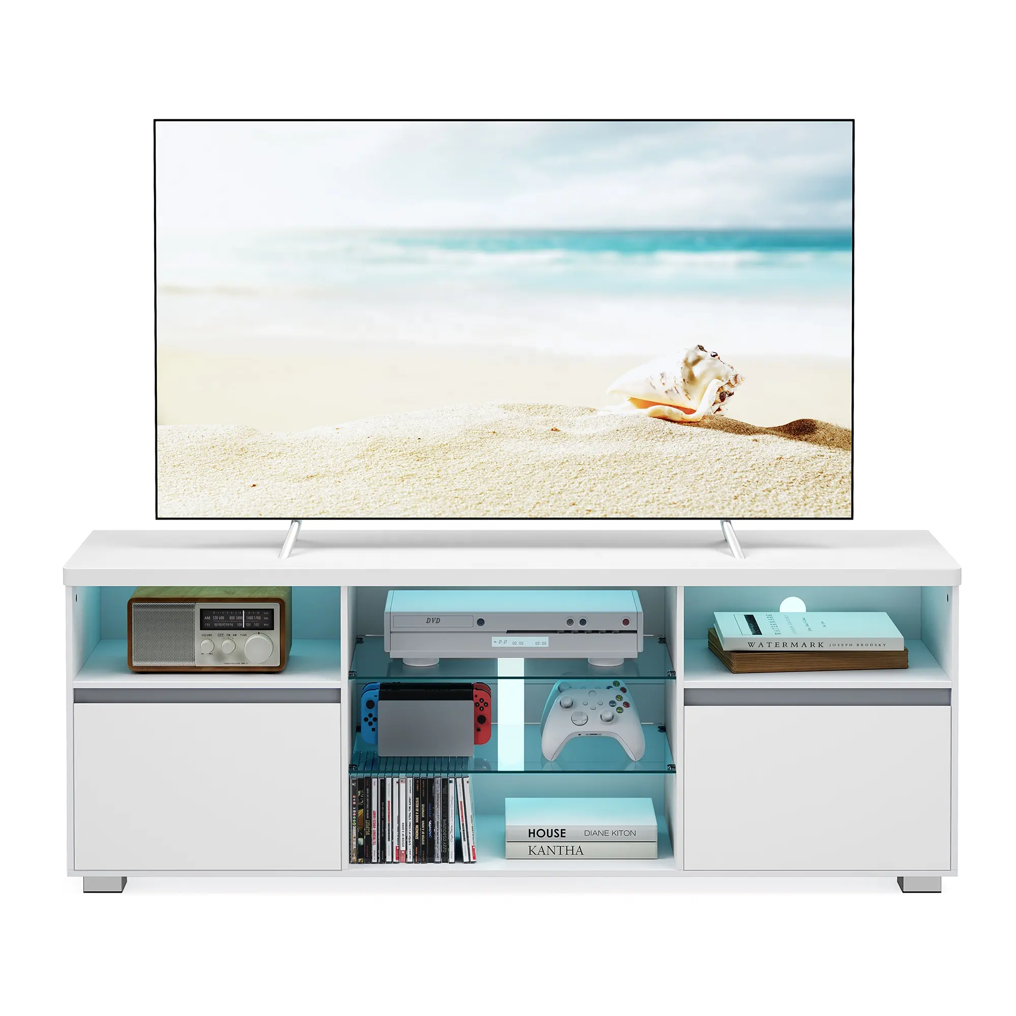 VASAGLE TV Stand with LED Lights for TVs up to 70 Inch TV Console Entertainment Center with Open Glass Shelves