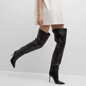 Factory Custom Sexy Genuine Leather <b>Black</b> Zipper Stilettos Thigh <b>Pumps</b> High Heels Pointed Over-Knee Fetish Shoes Women Autumn - Product Image 1