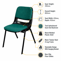 Chaise empilable rembourrée en tissu vert sarcelle avec assise rembourrée et structure en métal noir avec crochet de raccordement pour hôtel, église, conférence, commande en gros