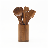 Ustensiles de cuisine en bois naturel pour ustensiles de cuisine antiadhésifs, ensemble d'ustensiles de cuisine en bambou carbonisé, 6 pièces, avec support