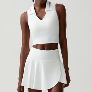 Conjunto de falda deportiva y camiseta sin mangas con cuello de polo de secado rápido para mujer Vestido de golf y Yoga con contraste de color transpirable con logotipo frontal - Product Image 6