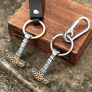Men's Stainless Steel Thor Hammer <b>Keychain</b> With Leather Strap And Carabiner Gift Charm Pendant - Product Image 1