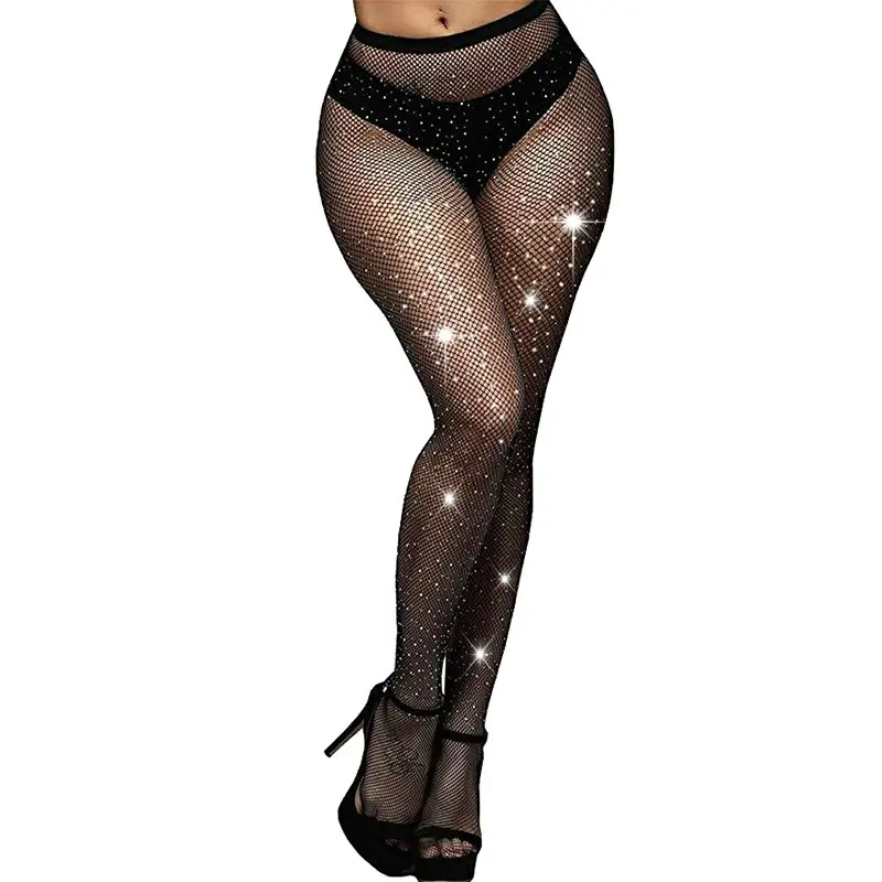 Sexy Women Transparent Sparkle Rhinestone Stockings Black Mesh Fishnet Net Diamond Bedazzled Bling Glitter Tights