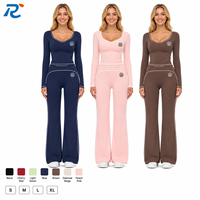 Set Yoga Wanita Lengan Panjang dengan Logo Custom, Celana Lebar Pinggang Tinggi, Olahraga Fitness, Baju Olahraga Dua Potong, Setelan Santai