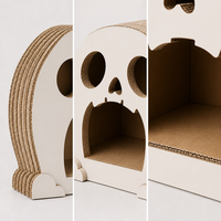 Maison pour chat en carton ondulé en forme de crâne, griffoir et tanière d'intérieur avec jouet à bille