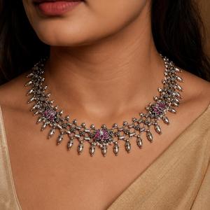 Traditional <b>Oxidized</b> Silver Lotus Statement Necklace for Women - Product Image 1