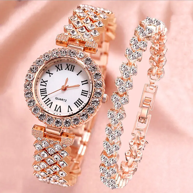 Mode luxus uhr glitzer glitzer voller kristall damenuhren kristall rose gold armband souvenirs geschenk sets