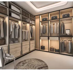 Armario de estilo europeo para dormitorio, puerta de vidrio deslizante, armario de madera