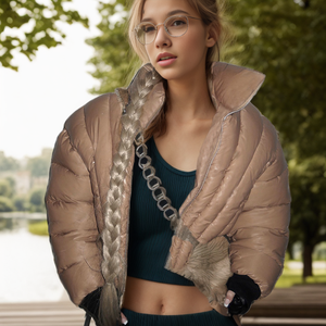 Abrigo Acolchado Corto de Invierno con Cuello Alto, Grueso y Cálido, Color Caramelo, Estilo Burbuja, a la Moda - Product Image 3