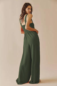 New Style <strong>Shirring</strong> Tops Wide Pants With Pocket Custom Print Romper Low MOQ Rayon <strong>Jumpsuit</strong> - Product Image 3