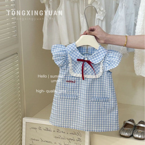Child Star Circle Girls Blue Plaid Flutter Sleeve Dress Summer Breathable School Style Lace Collar Dress - Product Image 1